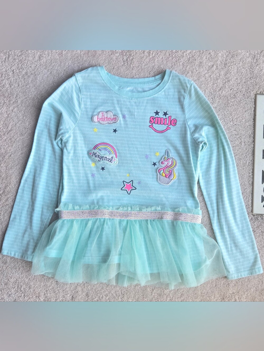 Garanimals Light Blue Unicorn & Rainbow Long-Sleeve Top with Tulle Hem